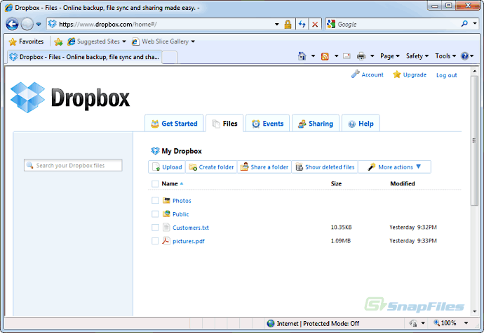 Captura de pantalla del Dropbox - Interfaz web