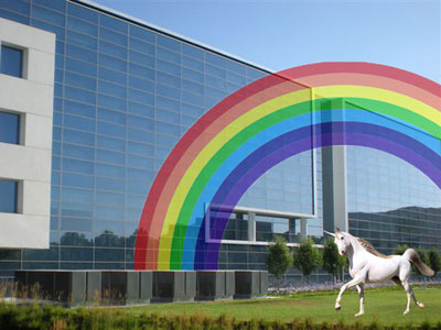 Arcoiris con unicornio en frente de una empresa.
